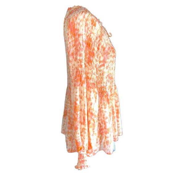 Rose + Olive Womens Small Orange & Pink Smocked Peplum Blouse Long Sleeve - Picture 6 of 10